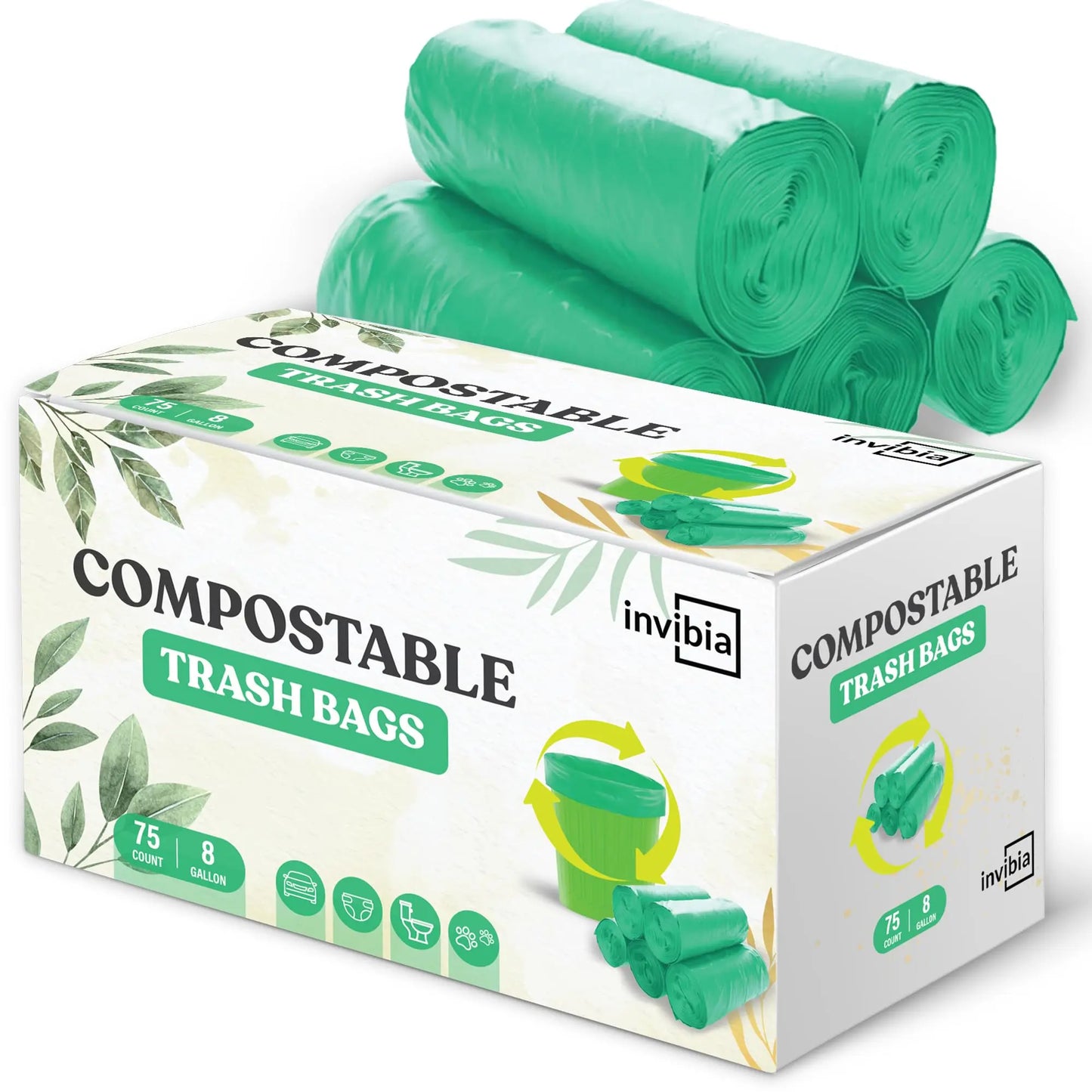 INVIBIA Compostable Trash Bags | Kitchen Compost Bag for Countertop Bin | Odor Control Disposable Bags | Small Biodegradable Trash Bags with Large Capacity | Recyclable Trash Bags - 75 Pack (Green)
