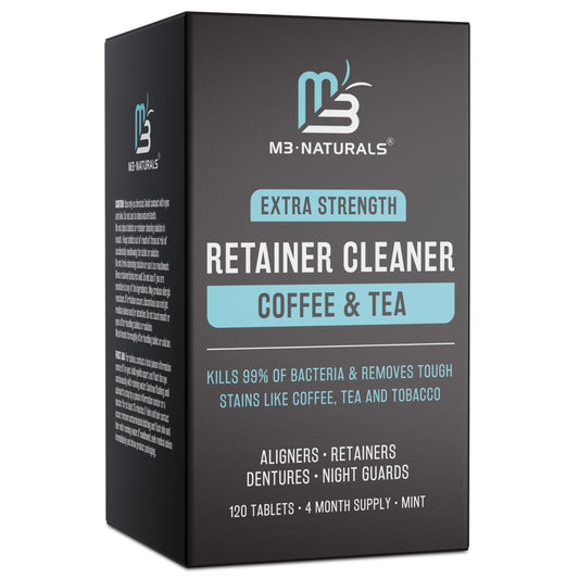 M3 Naturals Coffee and Tea Retainer Cleaner Tablets | Remove Odors Stains and Plaque | 4 Month Supply | FSA HSA Approved | Denture Cleanser for Coffee and Tea Lovers