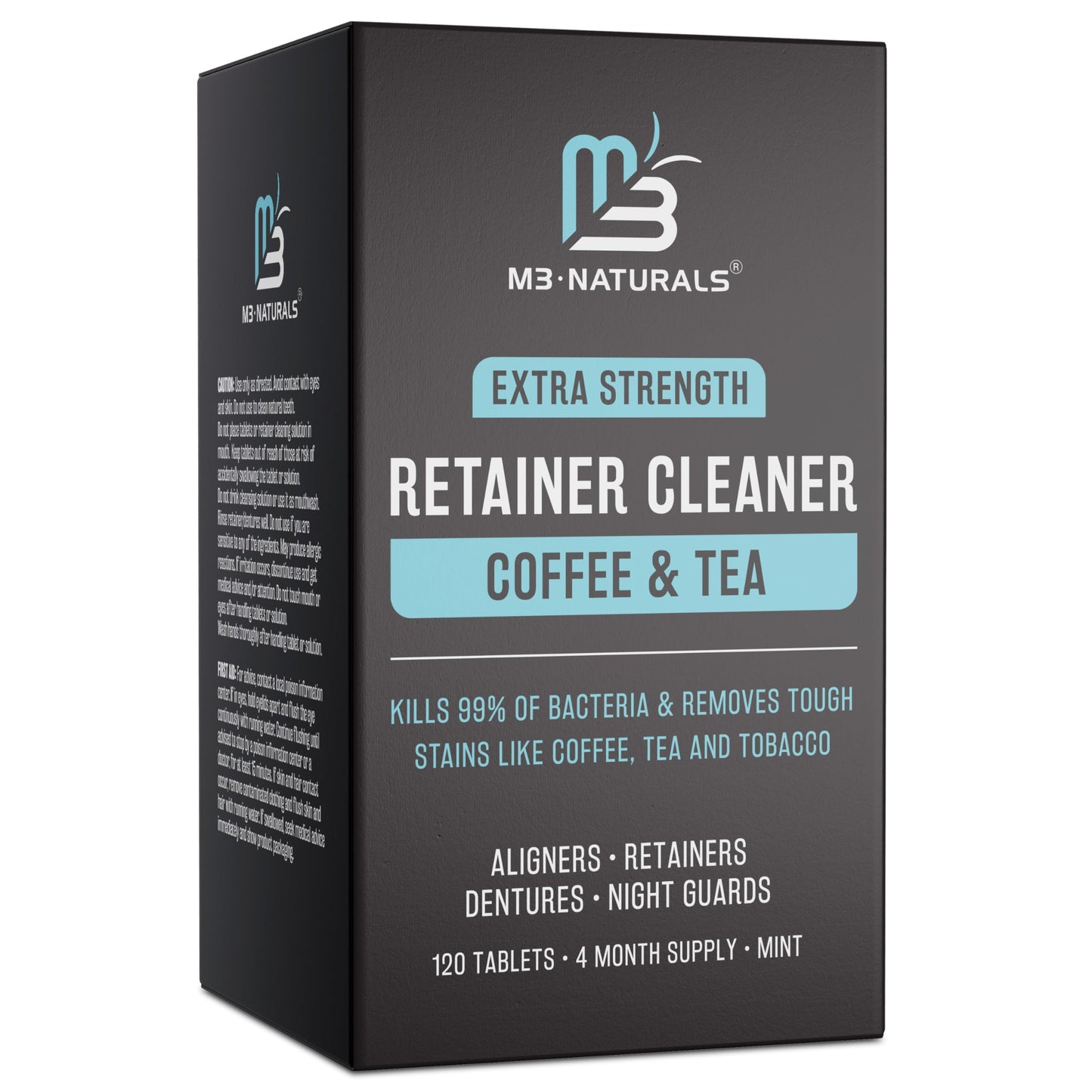 M3 Naturals Coffee and Tea Retainer Cleaner Tablets | Remove Odors Stains and Plaque | 4 Month Supply | FSA HSA Approved | Denture Cleanser for Coffee and Tea Lovers