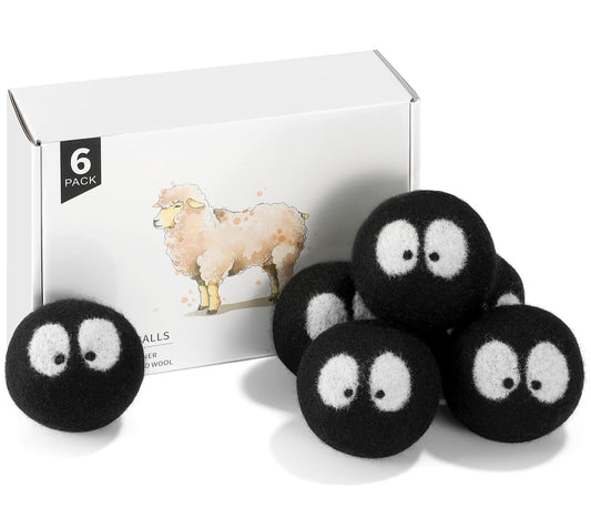 Wool Dryer Balls 6 Pack Natural Fabric Softener Dryer Balls Laundry Reusable Reduces Clothing Wrinkles and Saves Drying Time (Black)